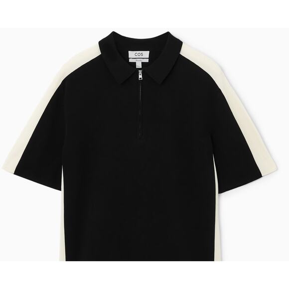 COS Relaxed Colour-Block Cotton Half-Zip Polo Shirt size XL Black + Off white